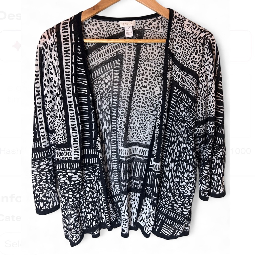 Chicos Black & White Geometric Pattern Open Front Lightweight Cardigan Sz 2 (L)